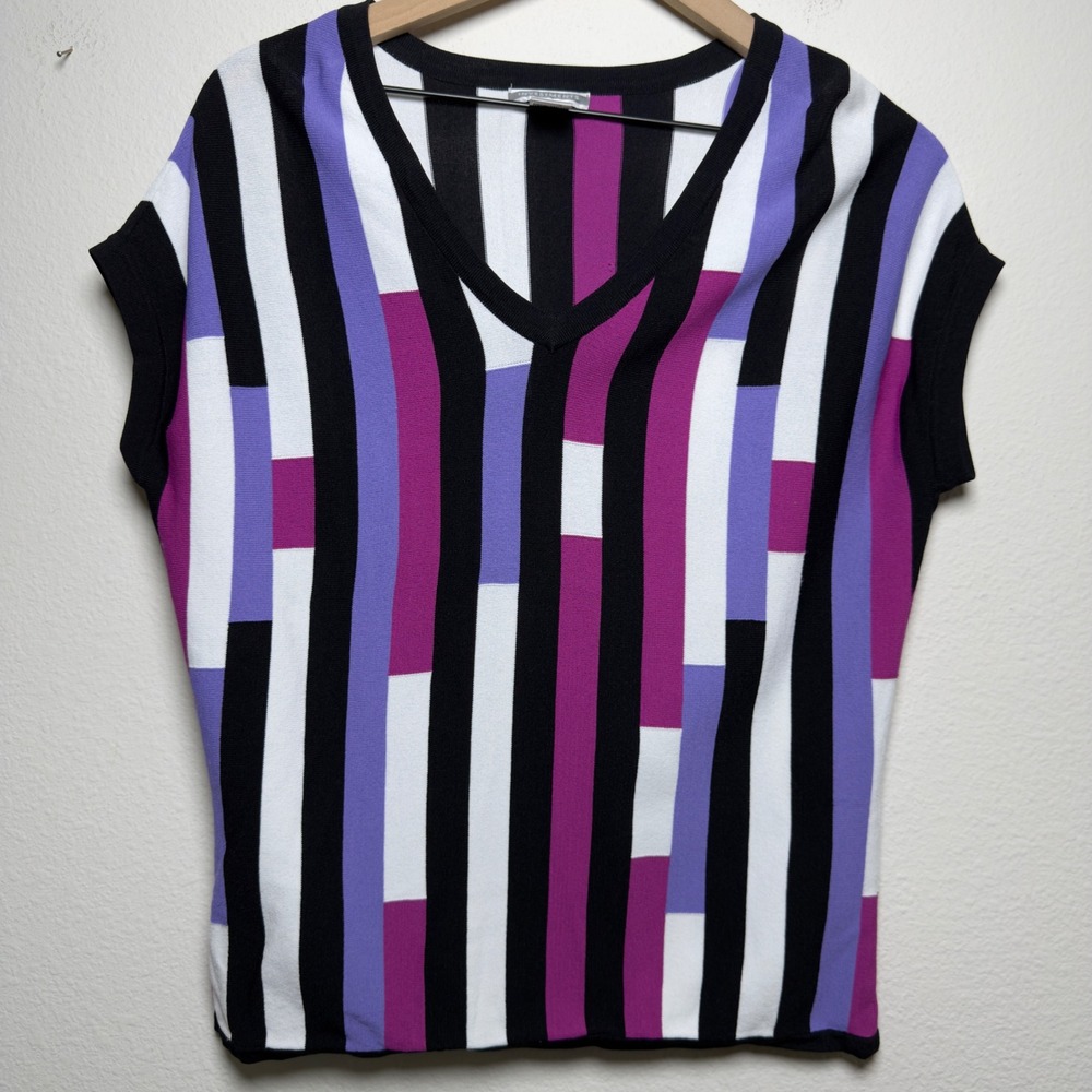 Investments Women Knit Whimsigoth Sweater Top Purple Black White Geometric